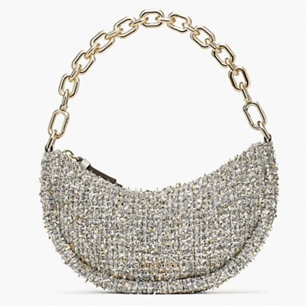 Kate Spade Smile Small Crossbody Silver Tweed Metallic Leather Chain Top Handle - Picture 4 of 12